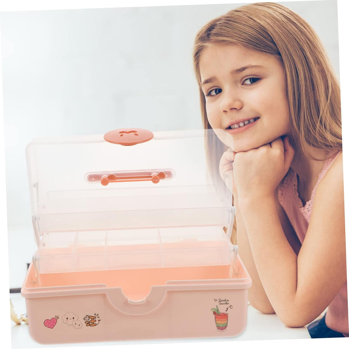 Pink Large Multi Layer PP Hair Accessories Organizer Box for Kids Desktop Storage, Layered Design, Bobby Pins and Necklaces, Family Use, Outdoor Carry, Small Items