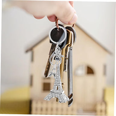 Eiffel Tower Keychain Charm with Rhinestone Zinc Alloy Silver Decor Backpack and Bag Accent, Intricate Cut Design, Versatile Style, Holiday Gifting, Longterm Use