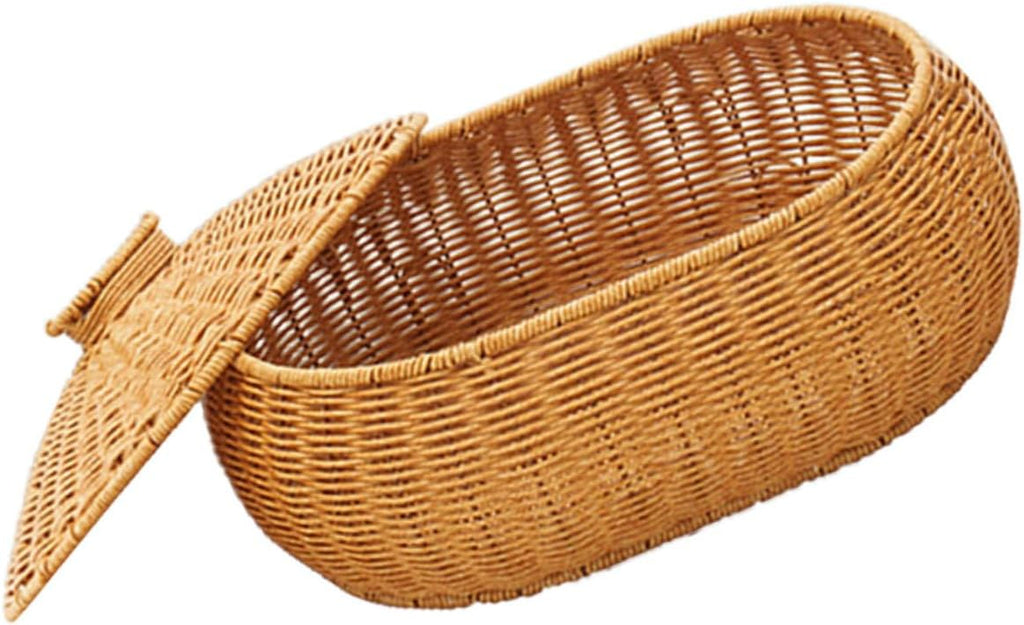 Rattan Woven Storage Basket Fruit Bin with Lid, Large Capacity Natural Decorative Design for Home Organization, Lightweight Strong Construction, for Snacks