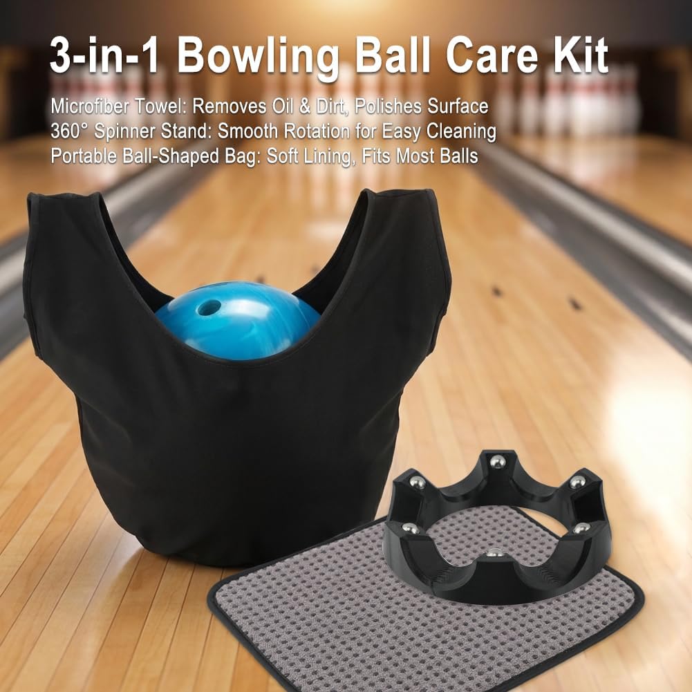 3-in-1 Bowling Basics Accessories Kit, Microfiber Bowling Ball Towel Kit,with Bearing Spinner Holder, Bowlings Ball Cleaner Wipes, Microfiber Bowlings Towel with Easy-Grip Dots