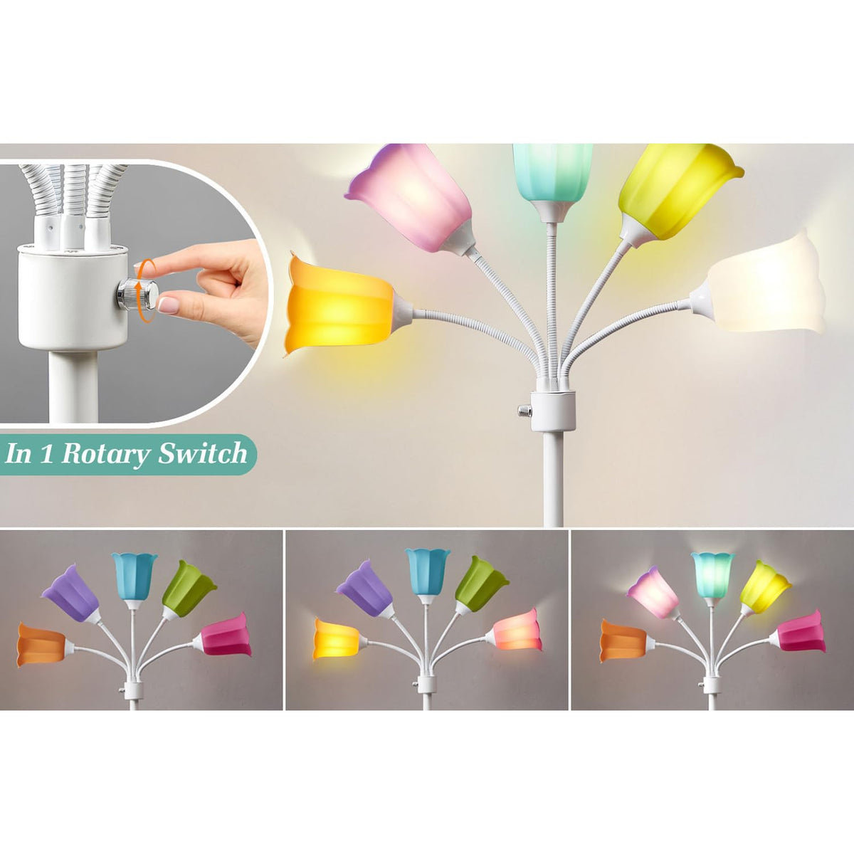 Medusa LED Floor Lamp 5 Head Midcentury Tall Standing Lamp Adjustable Gooseneck Multicolored Tulip Petal Lampshades