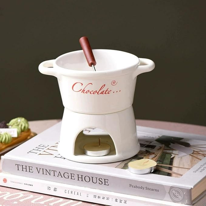 Fondue Pot Set, Ceramic Chocolate Melting Cup with 2 Forks, No Candles Mini Hot Pot Bowl can Melting Cheese Butter Chocolate Caramel, Gifts for Birthday Christmas Date Night Weddings Valentines