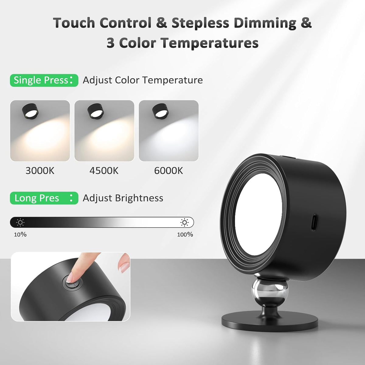 Lightbiz-Racokky LED Wall Sconces, 2-Pack Rechargeable 3000mAh Cordless Lights with Remote, Dimmable 3-Color Magnetic 360° Rotation