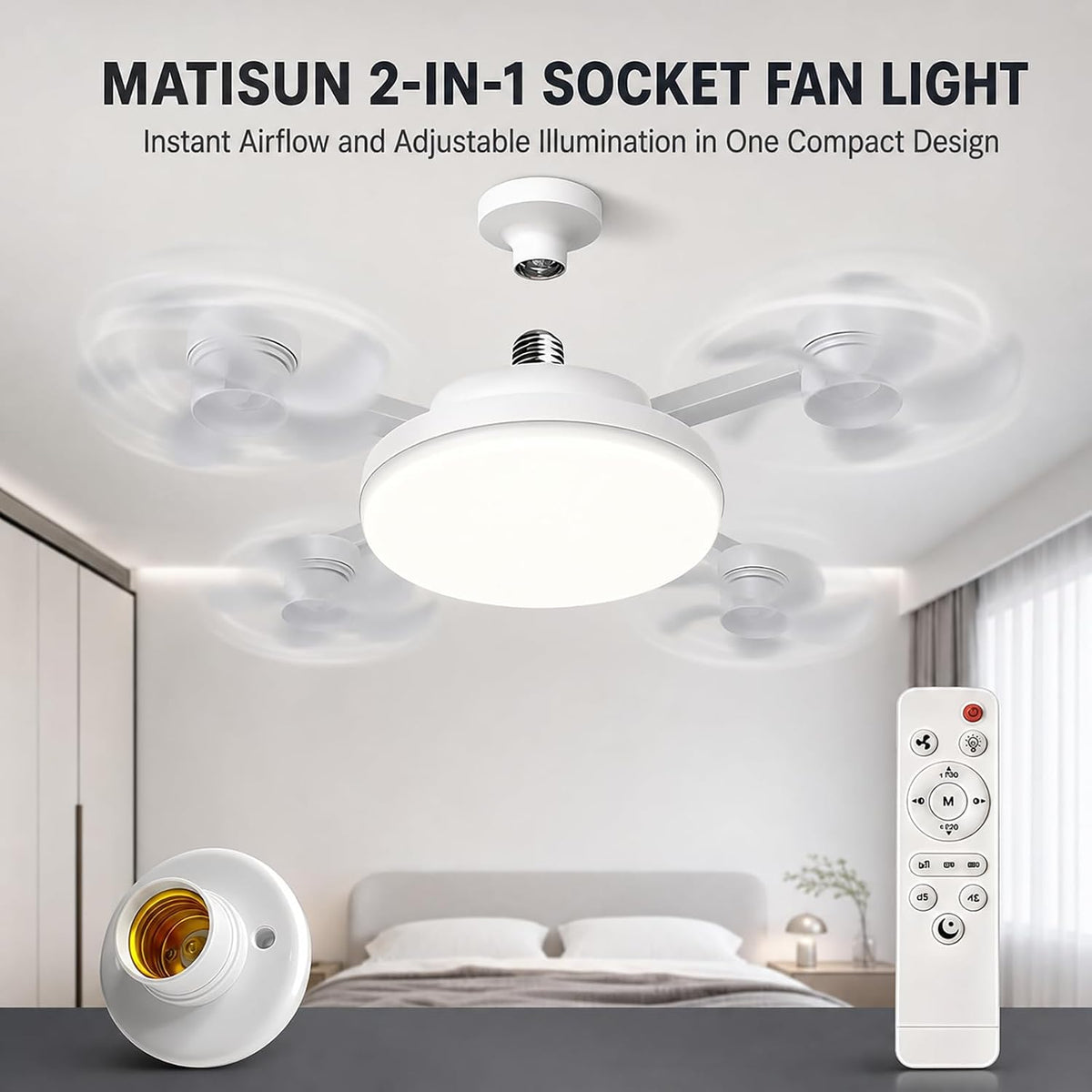 Socket Fan Light With Remote, LED Ceiling Fan Light, Socket Ceiling Fan With Light, 3 Speeds Fan And 3 Color Temperatures