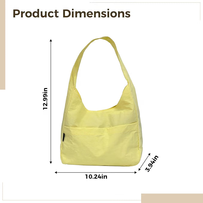 Yellow Nylon Tote Bag, Lightweight Large-Capacity Shoulder Bag with Zip & Slip Pockets