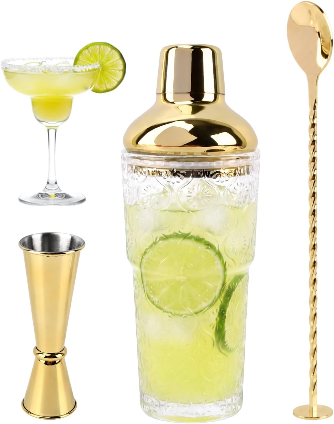 14 oz Clear Glass Cocktail Shaker with Gold Lid, Bartender Kit Cobbler Mixer with Built-In Strainer, Leak-Proof Clear Martini Shaker for Single-Serve Drinks