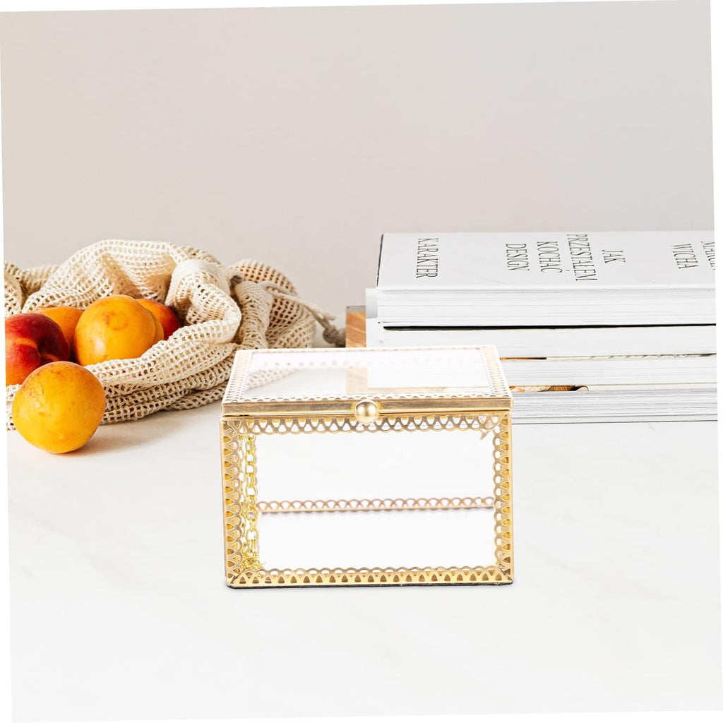 Glass Jewelry Box Decorative Storage Holder for Rings and Earrings Brass Frame, Cube Style, Home Display Accent, Gift Choice for Friends and Colleagues