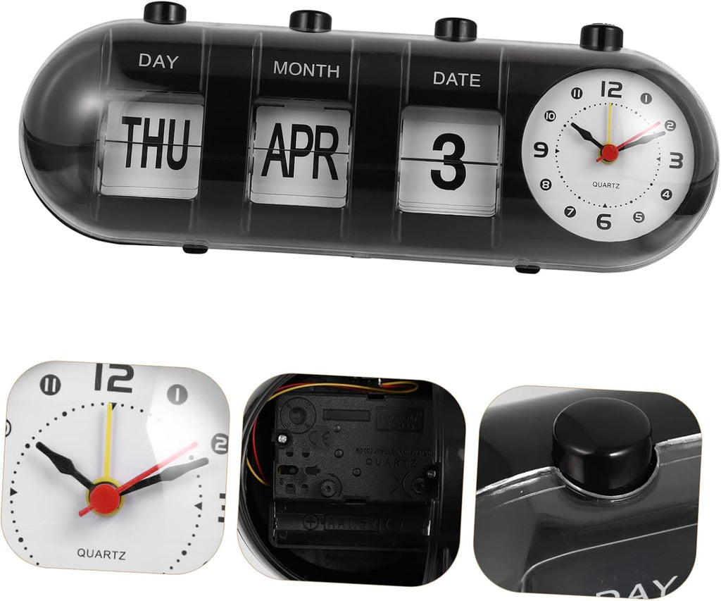 Manual Flip Desk Calendar Clock, Black ABS Plastic Perpetual Date Display Hand-cranked Page Turning Mechanism, Compact Desktop Design, Suitable for Bar, Restaurant or Study Room Decor