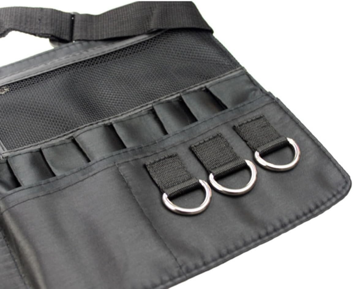 Makeup Brush Waist Bag with Adjustable Belt and 12 Holders Black Fiber Cloth Build, 7 Pouches and 3 Zippered Pockets, Holds 22 to 36 Tools
