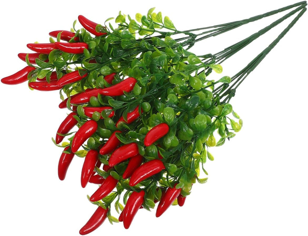 3pcs Lifelike Faux Red Chili Pepper Stems Decorative Artificial Twigs for DIY Floral Arrangements Plastic Simulation Green Plants for Home Decor