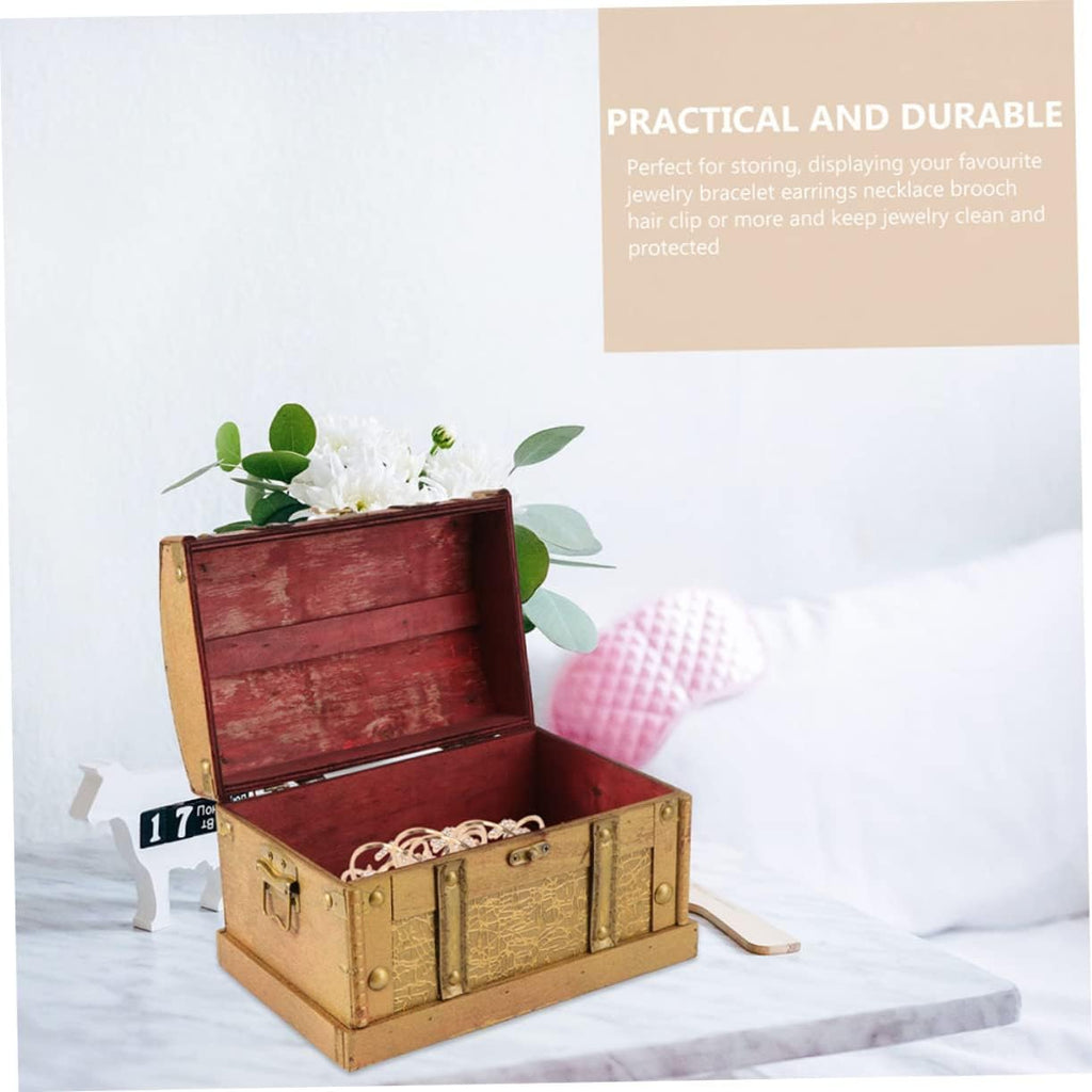 Retro Wooden Treasure Chest Decorative Box for Small Valuables Solid Wood Build, Golden Antique Finish, Watch and Stationery Display, Cosplay Props, Games