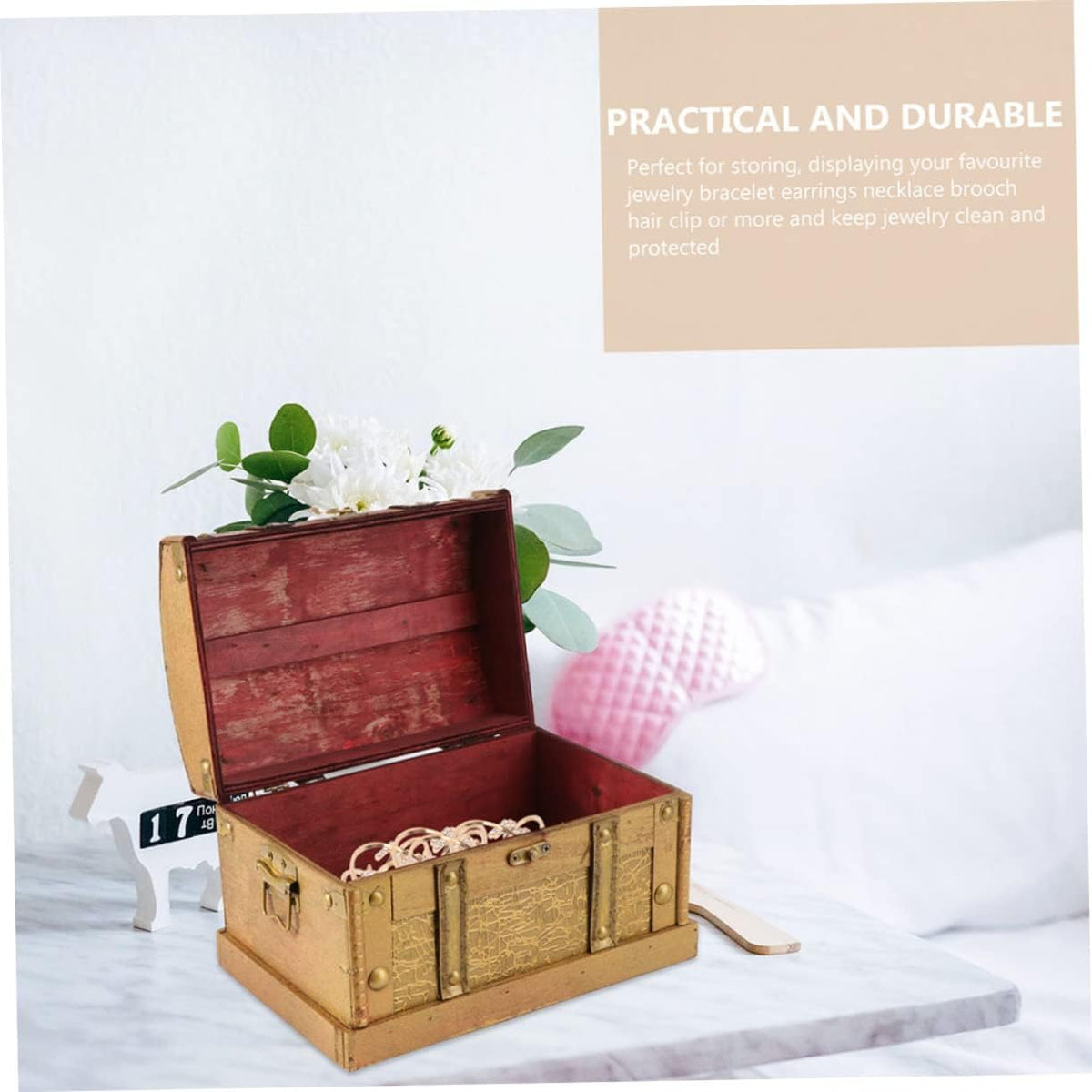 Retro Wooden Treasure Chest Decorative Box for Small Valuables Solid Wood Build, Golden Antique Finish, Watch and Stationery Display, Cosplay Props, Games