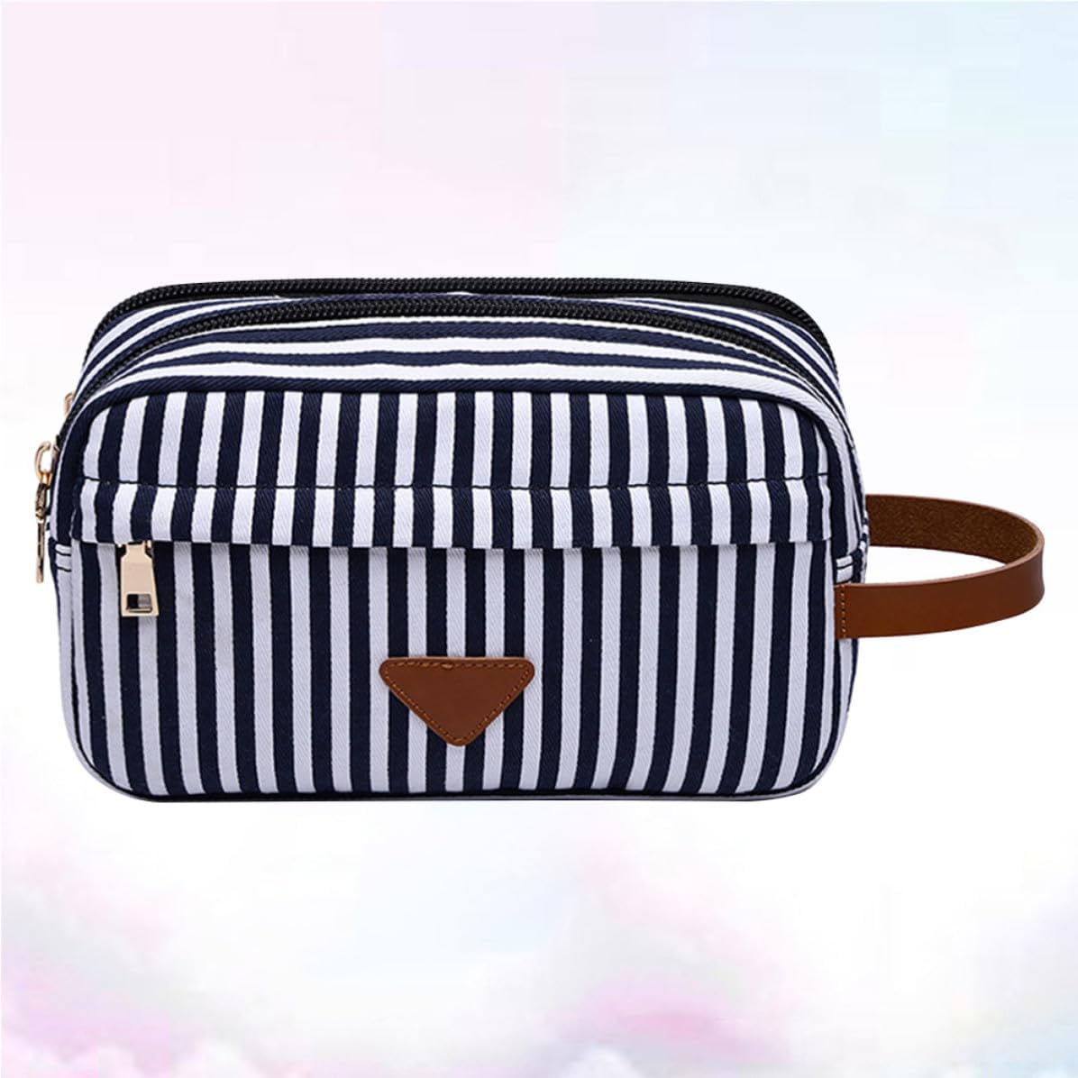 Canvas Makeup Bag Waterproof Organizer Large Capacity Blue Stripe Compact Zippered Pouch, Lightweight for Travel or Office, Keeps Beauty Essentials Neatly Sorted