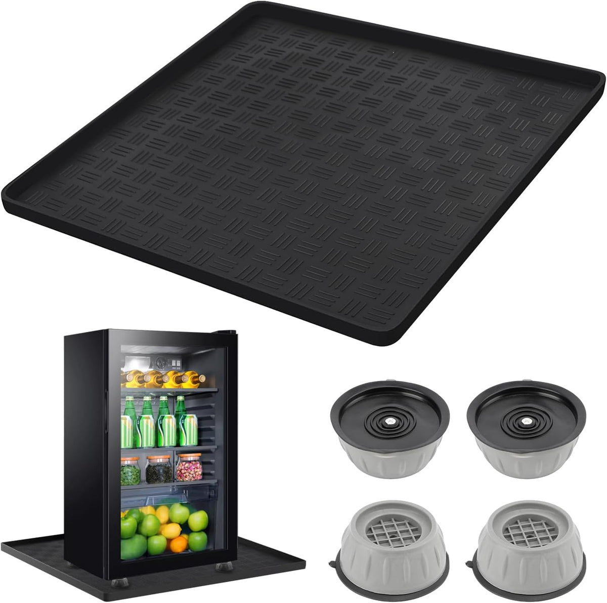 Mini Fridge Silicone Mat with 4 Base Raisers, 23" x 23" x 0.79" Mini Fridge Drip Tray, Refrigerator Carpets Floor Protector, for Washing Machines, Air Conditioner, Dishwashers