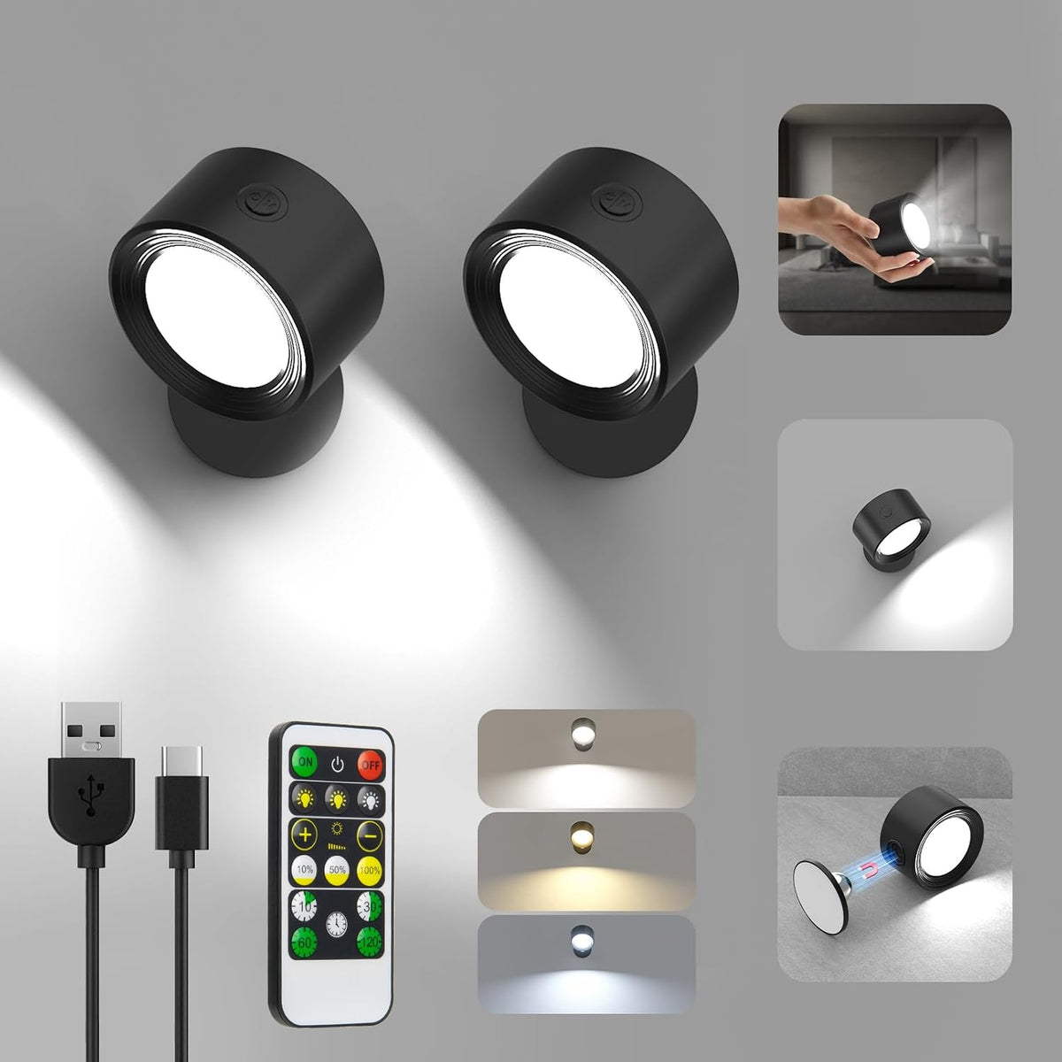 Lightbiz-Racokky LED Wall Sconces, 2-Pack Rechargeable 3000mAh Cordless Lights with Remote, Dimmable 3-Color Magnetic 360° Rotation
