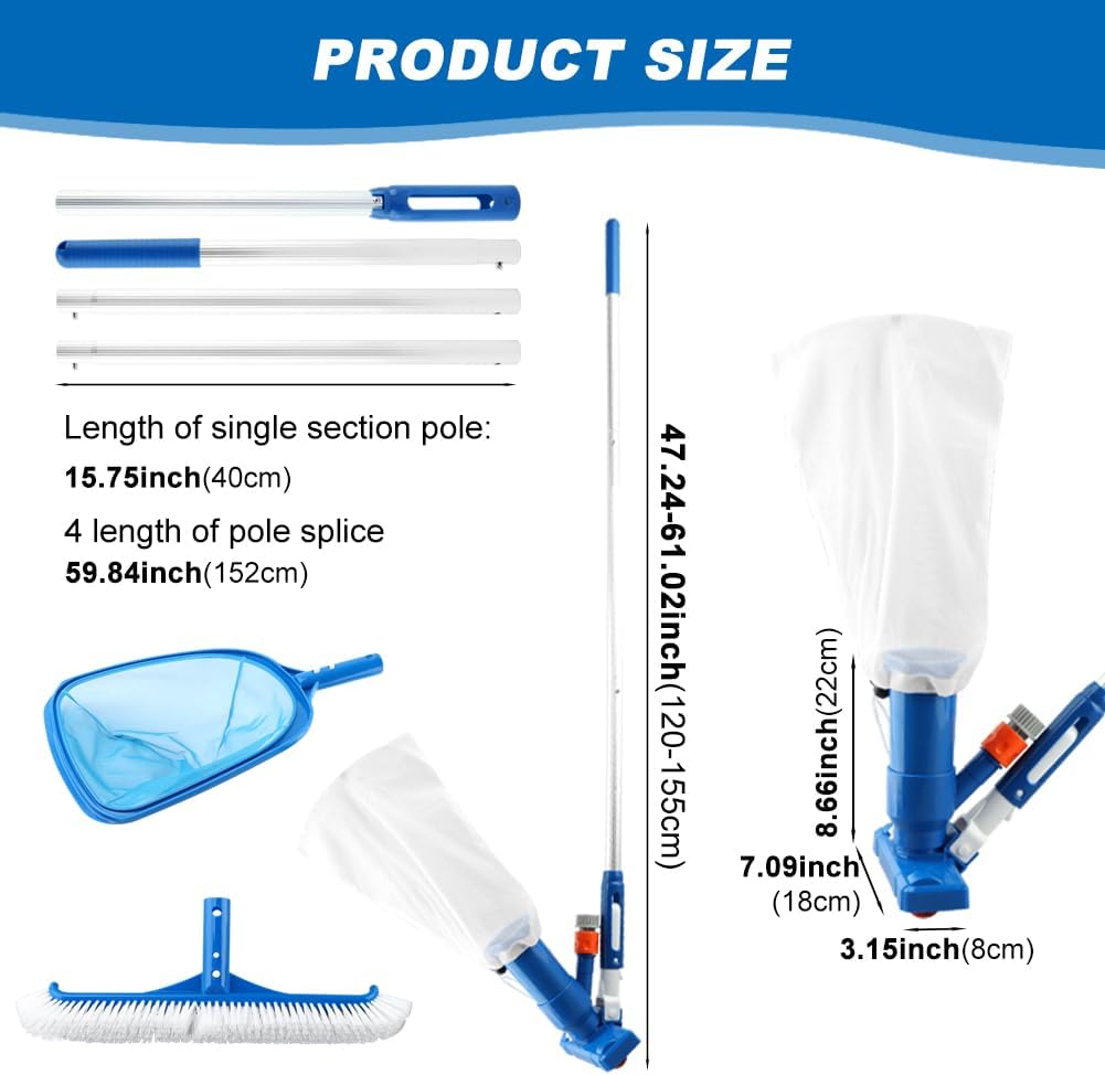 Pool Skimmer Net, Swimming Pool Cleaning Kit, Vacuum Cleaner Bottom Brush Mesh Leaf Bag Semi-deep Skimmer Net & Adjustable 47-61in Pole