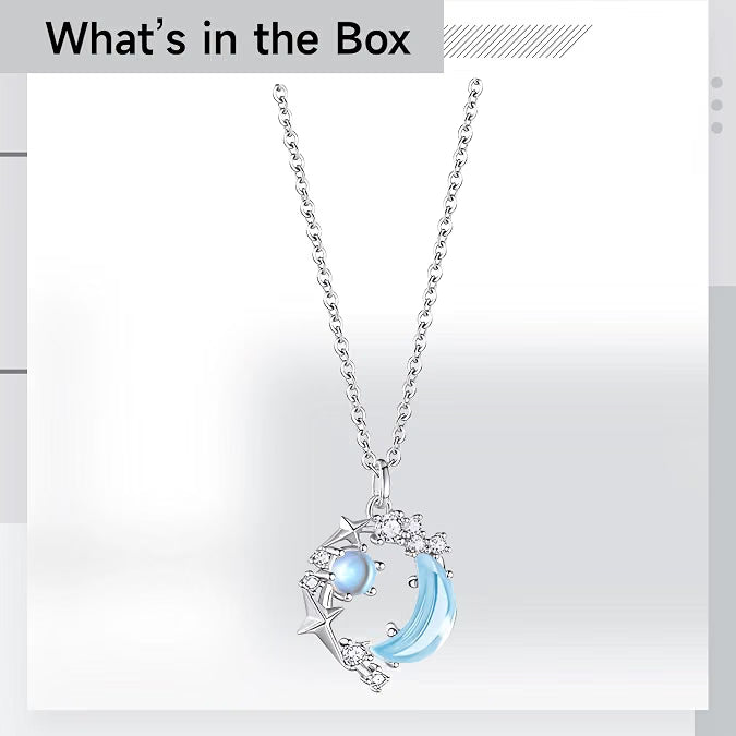 S999 Sterling Silver Moon & Star Necklace, Blue Gemstone Pendant with 17.72-Inch Chain