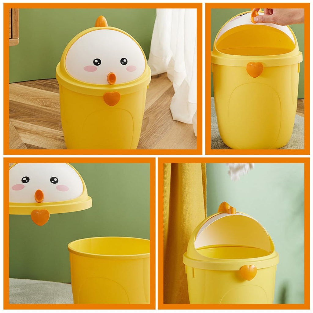 Cute Chick Shaped Small Trash Can with Lid for Office Desk PP Plastic Build, Compact Yellow Design, Keeps Tissues and Wrappers Tidy in Playrooms