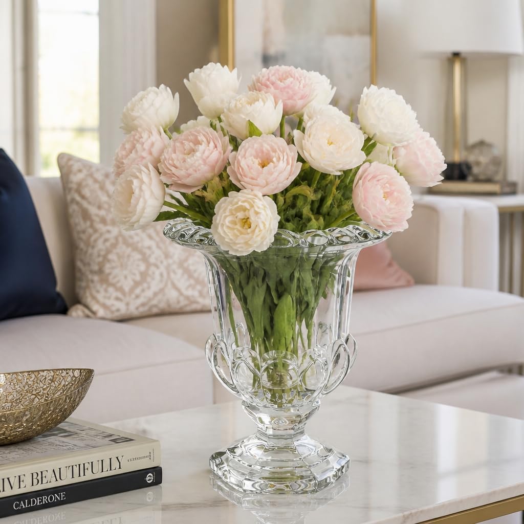 8 Inch Glass Urn Vase, Vintage Crystal Pedestal Vase for Wedding Centerpieces