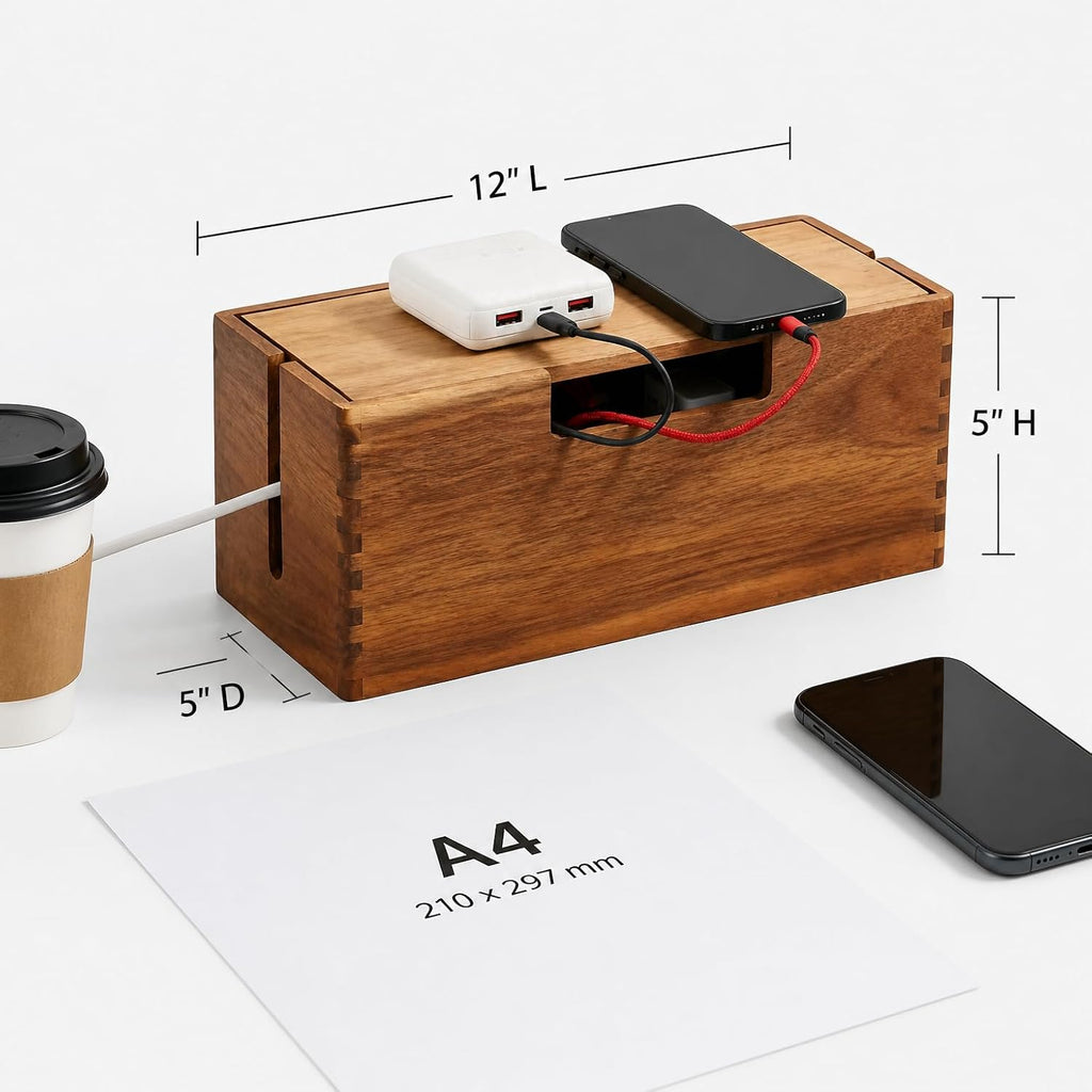 Acacia Wood Cable Management Box, Organizer for Power Strips, TV Wires & Desk Cables