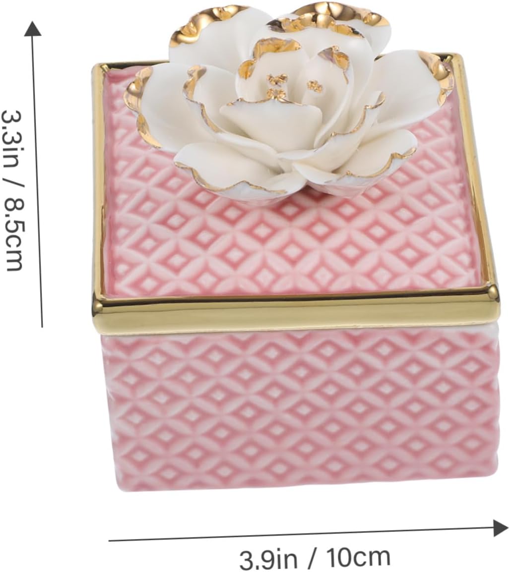 Pink Ceramic Trinket Box with Lid, Ring Holder for Jewelry Xmas
