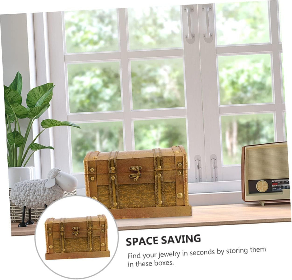 Retro Wooden Treasure Chest Decorative Box for Small Valuables Solid Wood Build, Golden Antique Finish, Watch and Stationery Display, Cosplay Props, Games