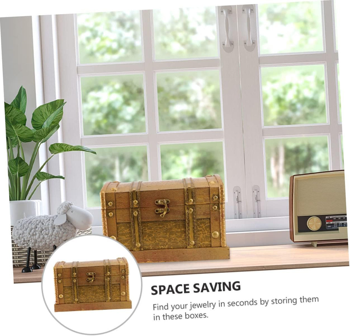 Retro Wooden Treasure Chest Decorative Box for Small Valuables Solid Wood Build, Golden Antique Finish, Watch and Stationery Display, Cosplay Props, Games