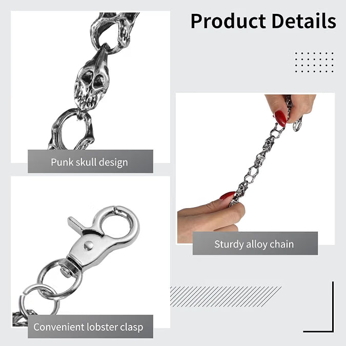 Punk Skull Chain Belt, Goth Hip Hop Jean Pants Chain Accessory for Men & Women