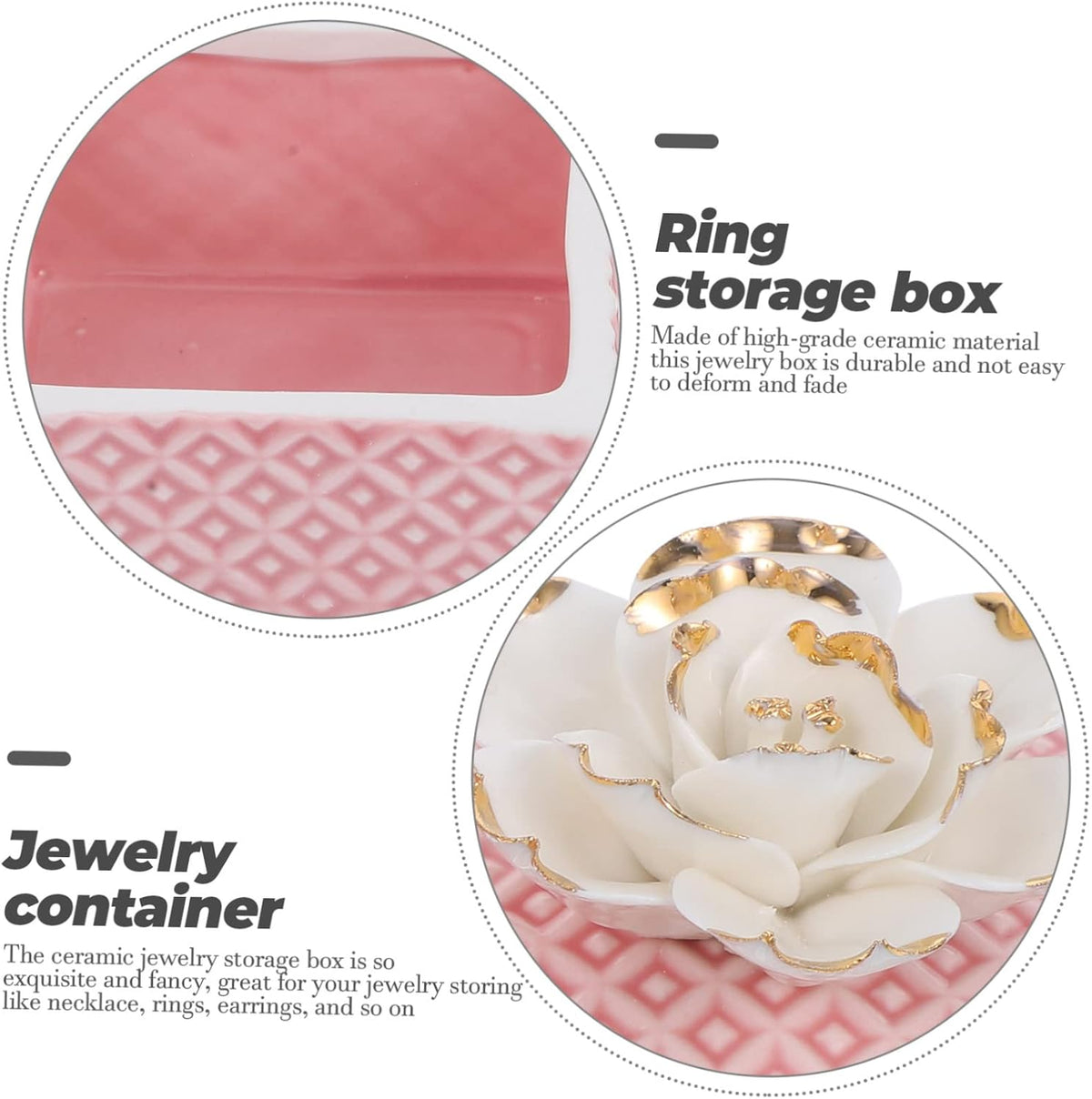 Pink Ceramic Trinket Box with Lid, Ring Holder for Jewelry Xmas
