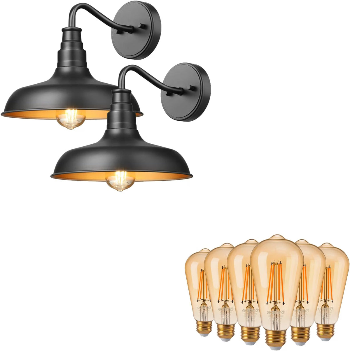 2 Pack Farmhouse Outdoor Wall Lights with 6 Vintage ST64 LED Edison Bulbs, 2200K E26 Dimmable