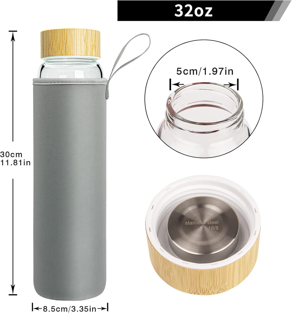 32 oz Glass Water Bottle with Straw, Borosilicate Glass Bottle with Bamboo Lid