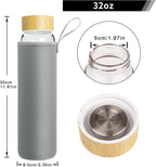32 oz Glass Water Bottle with Straw, Borosilicate Glass Bottle with Bamboo Lid