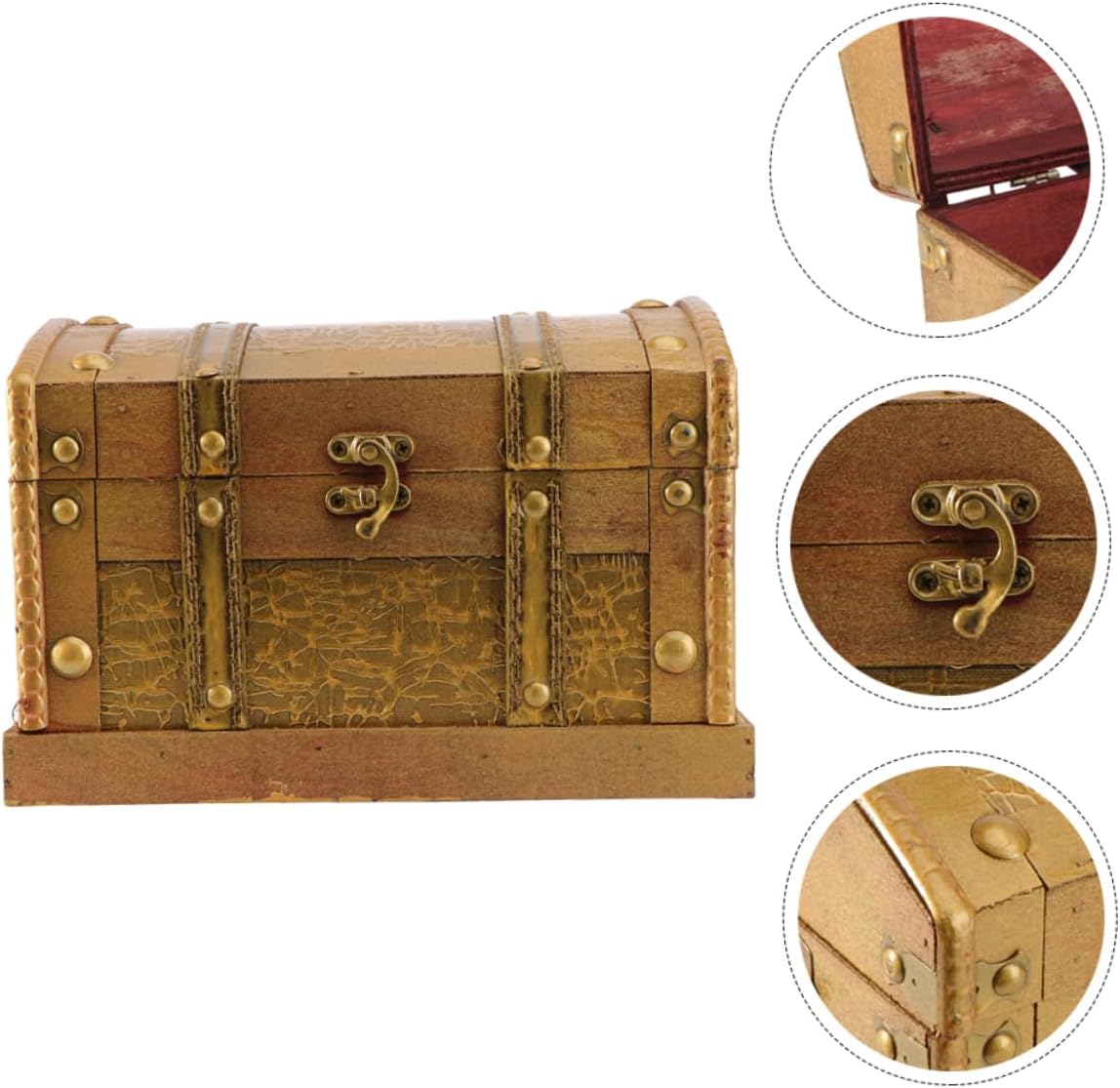 Retro Wooden Treasure Chest Decorative Box for Small Valuables Solid Wood Build, Golden Antique Finish, Watch and Stationery Display, Cosplay Props, Games
