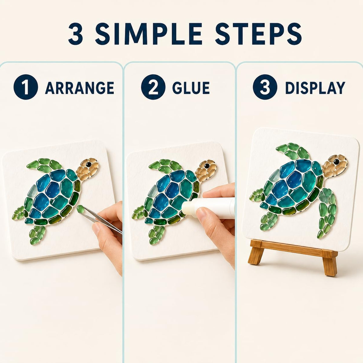 DIY Sea Glass Art Kit, Mosaic Craft Kit with Board, Stand and Glue (Type A) Sea glass art kit with board, stand, tweezers, instructions and glue stick for creating an ocean-inspired display.