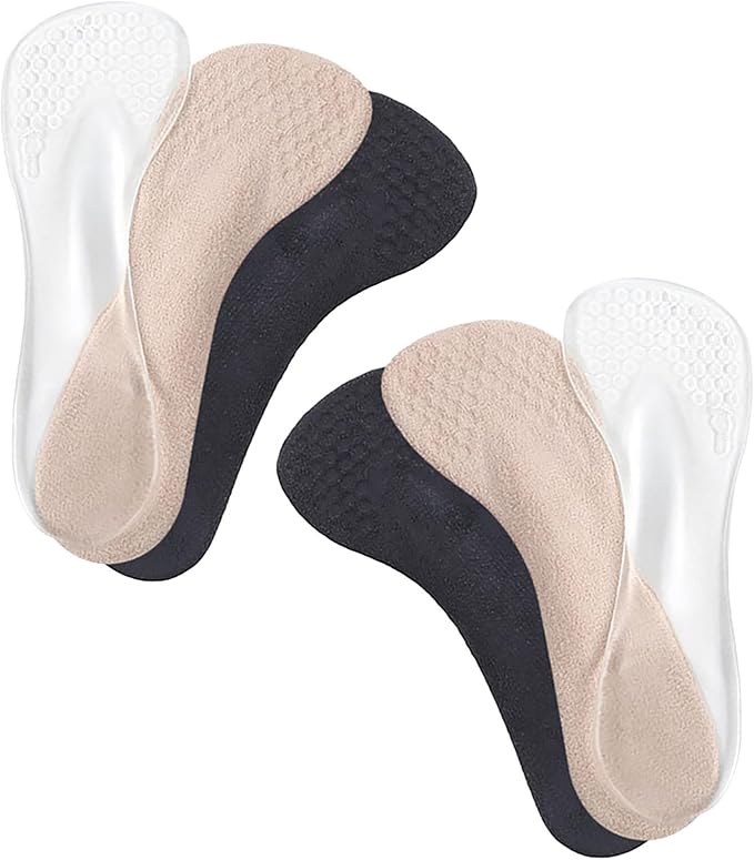 3 Pairs Arch Support Insoles with Shock Absorption for Women Gel and Cloth Build, Sweat Absorbent Finish, Anti Slip Design, Black Apricot Set