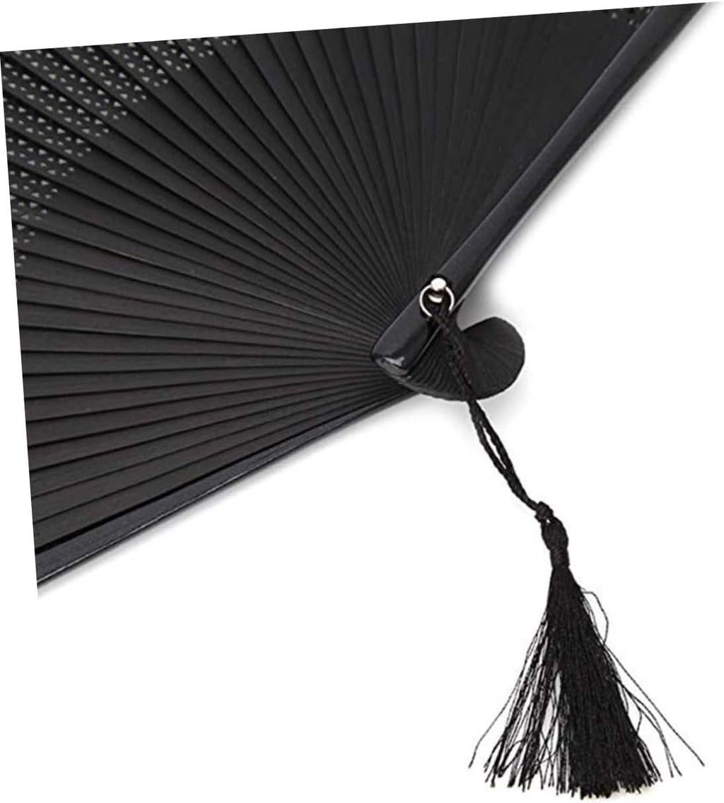 Lacquered Black Folding Fan with Tassel and Hollow Out Design Bamboo Paper Craft, Portable Daily Accessory, Black Case and Cover, for Handbags and Backpacks