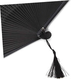 Lacquered Black Folding Fan with Tassel and Hollow Out Design Bamboo Paper Craft, Portable Daily Accessory, Black Case and Cover, for Handbags and Backpacks