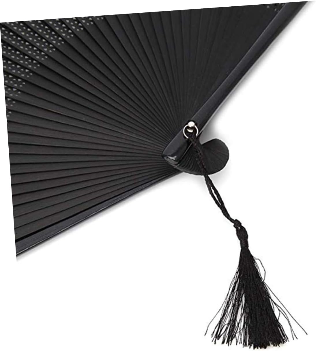 Lacquered Black Folding Fan with Tassel and Hollow Out Design Bamboo Paper Craft, Portable Daily Accessory, Black Case and Cover, for Handbags and Backpacks