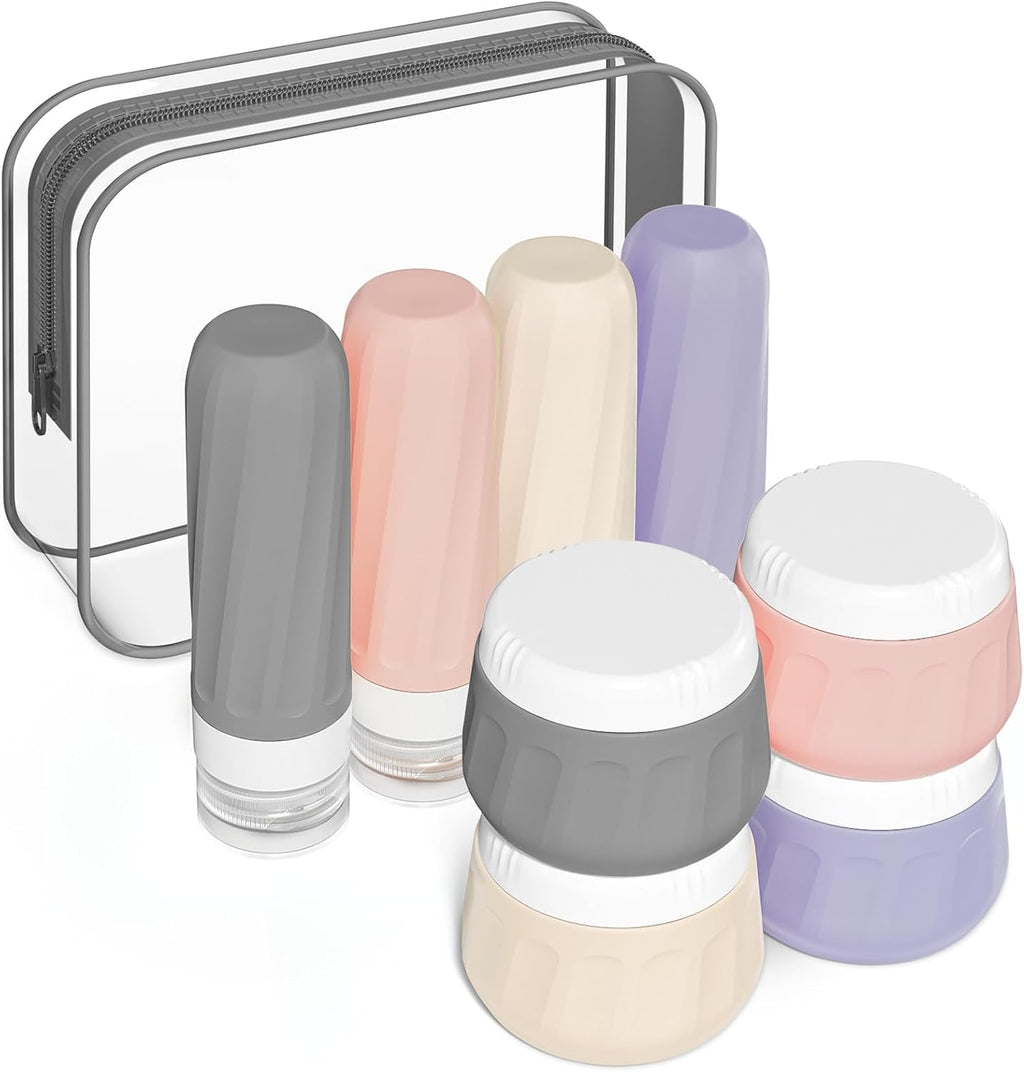 Travel Size Toiletries 8 Pack, TSA Approved 3oz Silicone Squeeze Bottles & Cream Jars with Clear Travel Bag