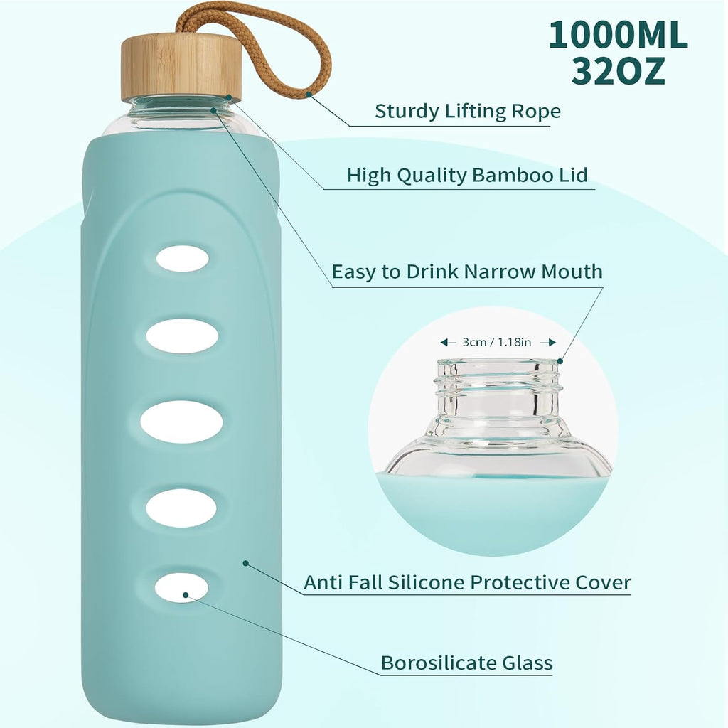 32 oz Narrow Mouth Glass Water Bottle with Windowed Silicone Sleeve