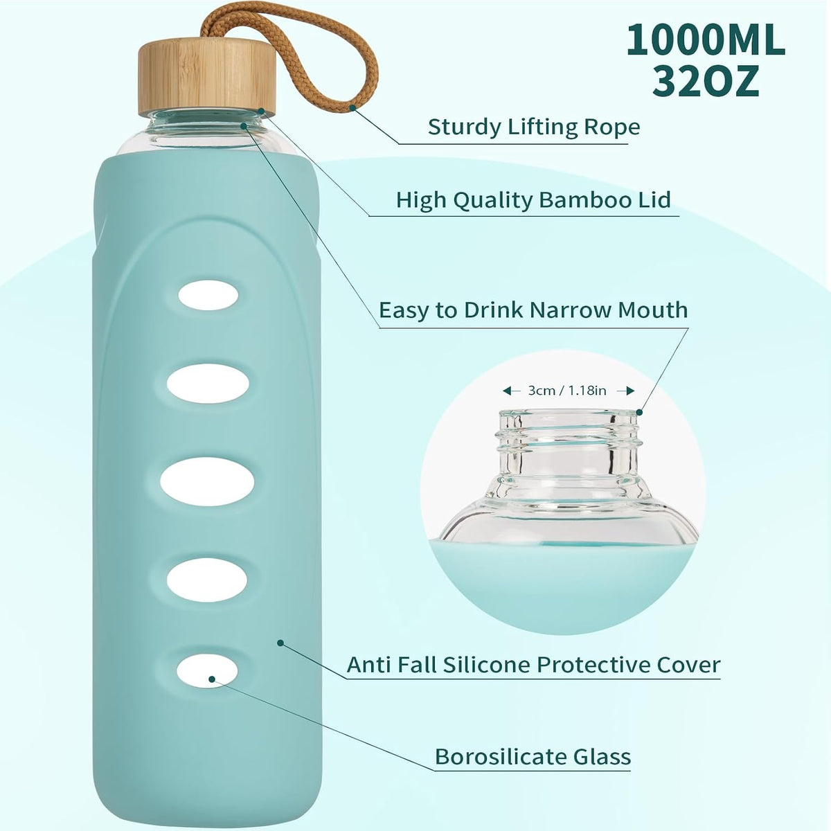 32 oz Narrow Mouth Glass Water Bottle with Windowed Silicone Sleeve