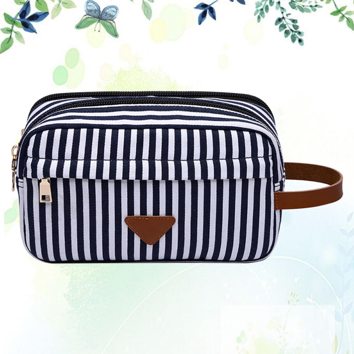 Canvas Makeup Bag Waterproof Organizer Large Capacity Blue Stripe Compact Zippered Pouch, Lightweight for Travel or Office, Keeps Beauty Essentials Neatly Sorted
