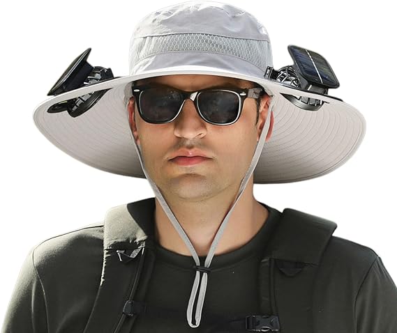 Solar Powered Fan Hat, Wide Brim Bucket Hat with Fan, Solar & USB Charging for Beach Gardening Travel