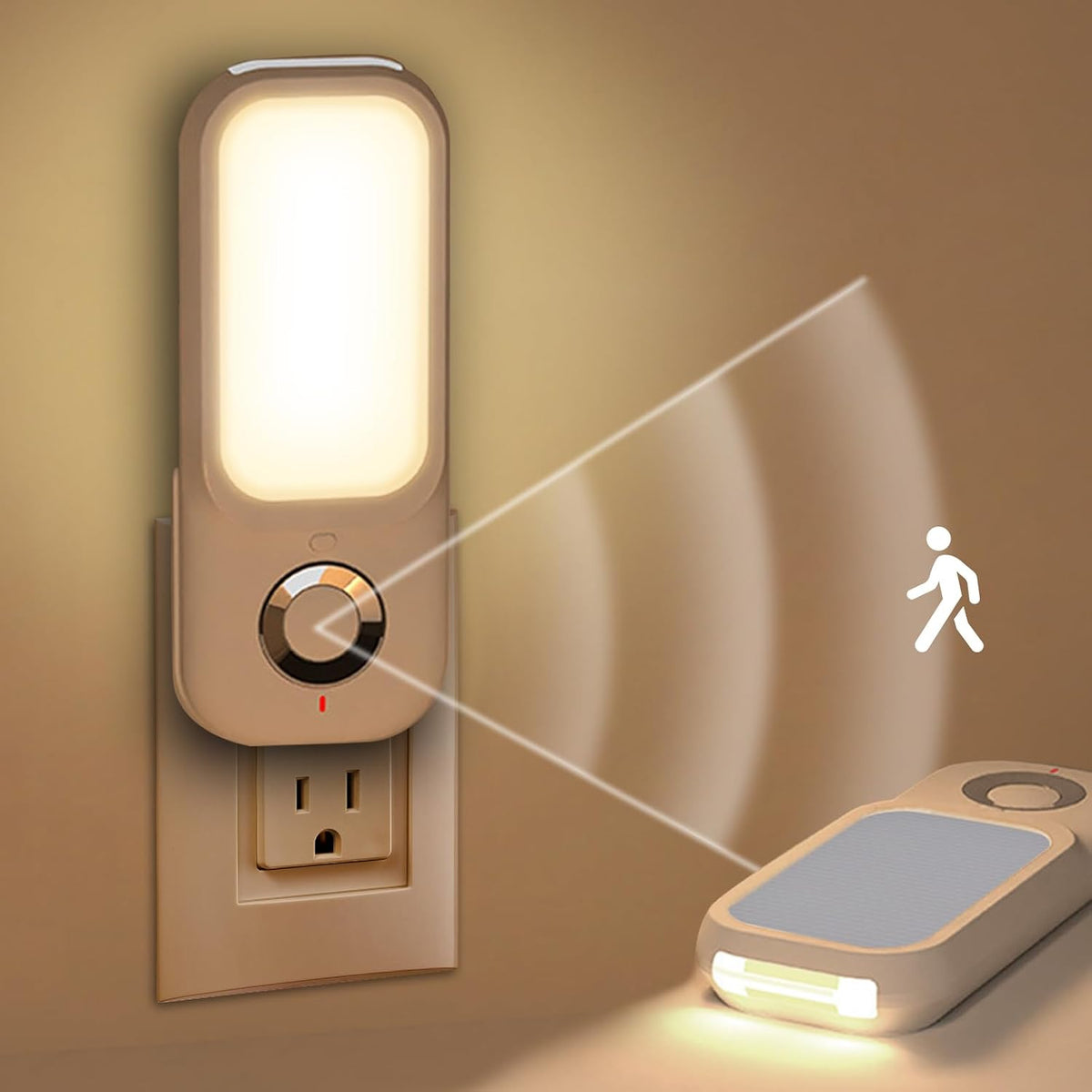 Motion Sensor Night Light with Flashlight, Dusk-to-Dawn Sensor, Adjustable Warm White Brightness for Bedroom & Hallway