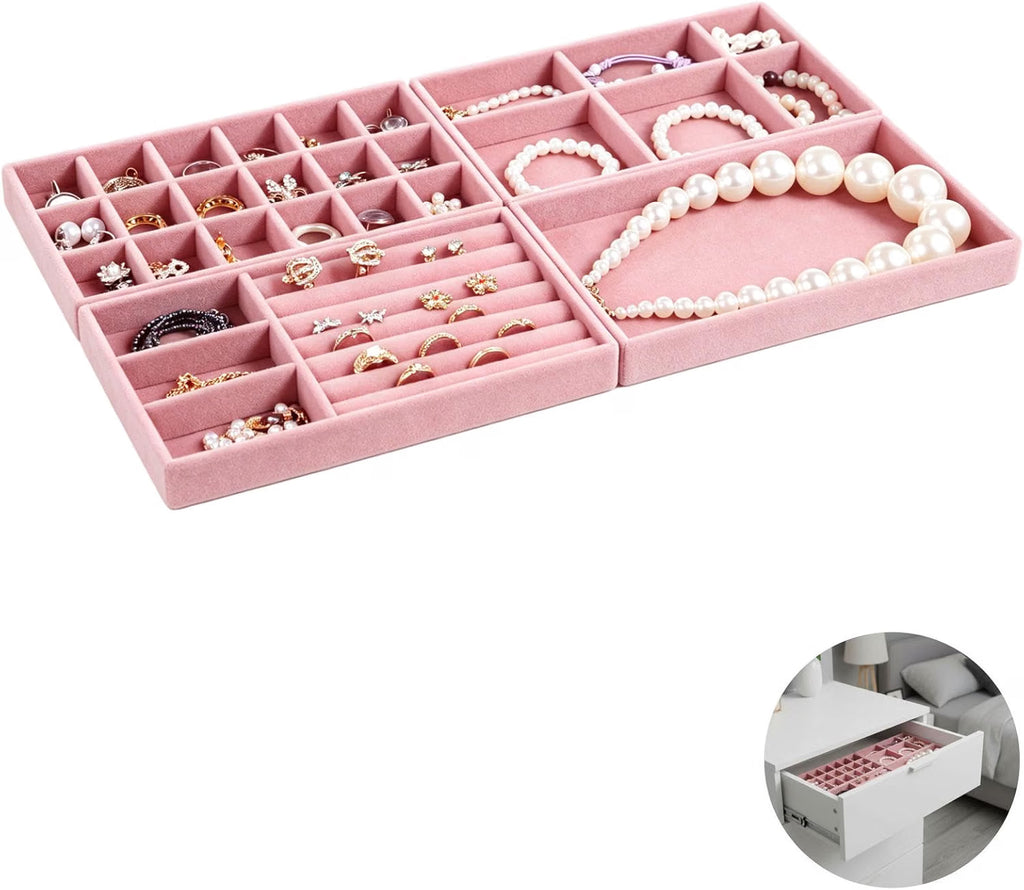 Velvet Jewelry Drawer Organizer Trays, Stackable Compartment Trays with Detachable Dividers