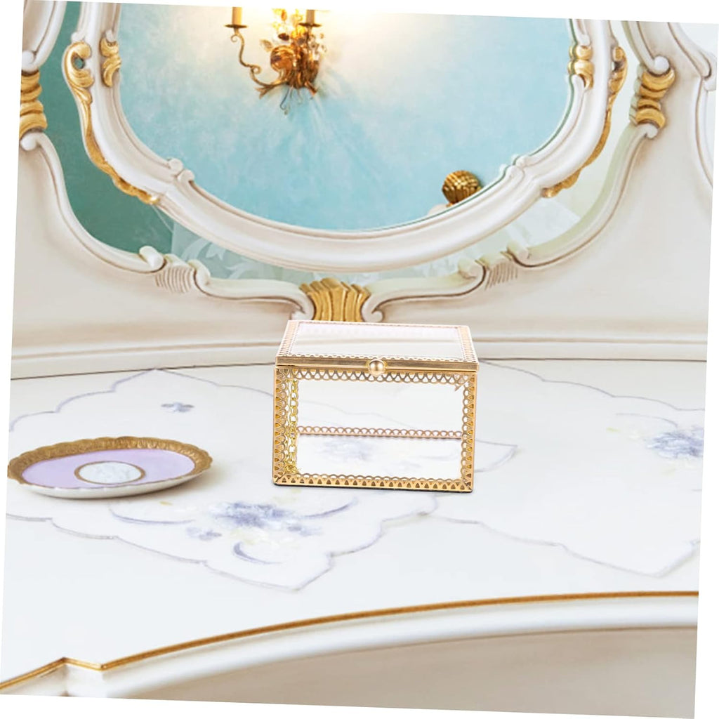Glass Jewelry Box Decorative Storage Holder for Rings and Earrings Brass Frame, Cube Style, Home Display Accent, Gift Choice for Friends and Colleagues