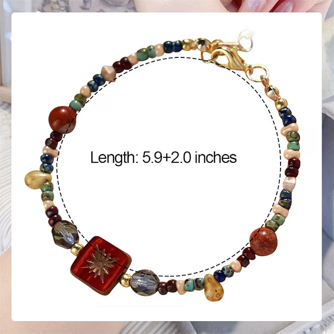 Multicolored Czech Glass Bead Bracelet, Red Carving Accent with 14K Gold-Plated Adjustable Chain