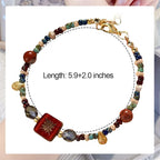 Multicolored Czech Glass Bead Bracelet, Red Carving Accent with 14K Gold-Plated Adjustable Chain