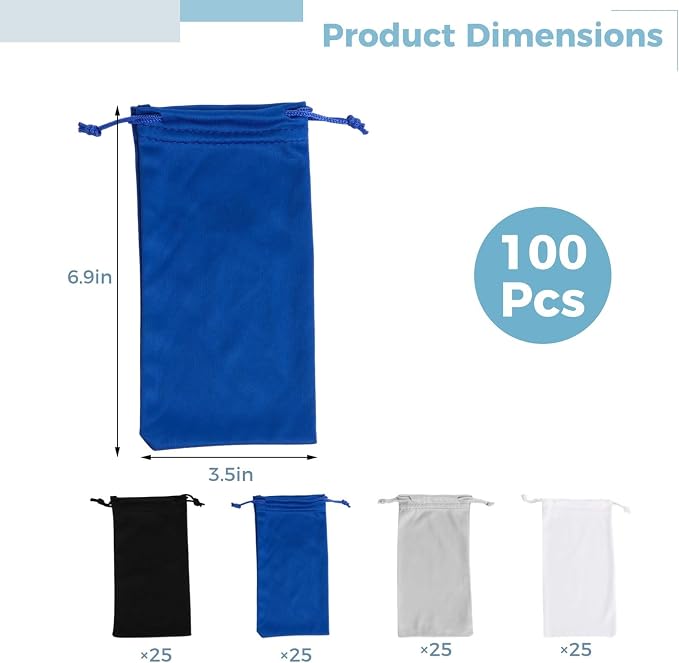 100 Pcs Microfiber Sunglasses Pouches, Soft Drawstring Eyeglasses Cases, Scratch-Proof Glasses Storage Bags
