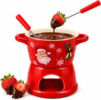 christmas chocolate fondue mug, 300ml Ceramic Set with 2 Dipping Forks Red ceramic bowl and candle base with 2 dipping forks; 300ml capacity. Candle and food are not included.